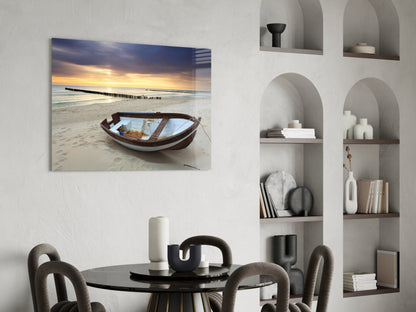 Wooden Rowboat Dramatic Sunset Beach Glass Wall Art