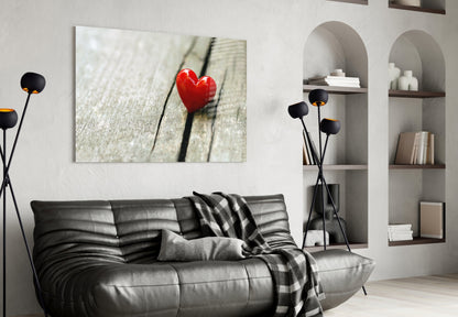 Glossy Red Heart On Wood Plank Glass Wall Art
