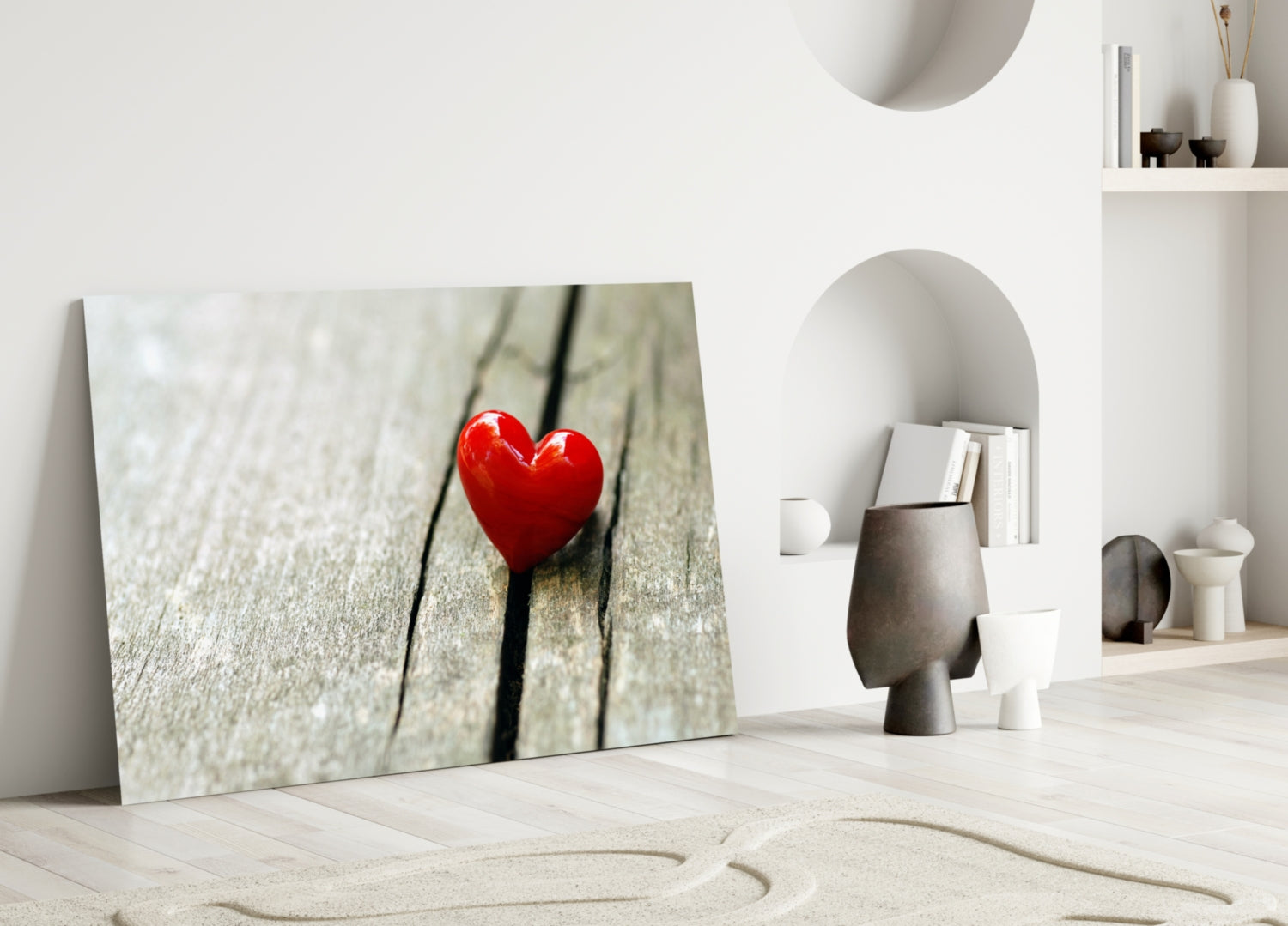 Glossy Red Heart On Wood Plank Glass Wall Art