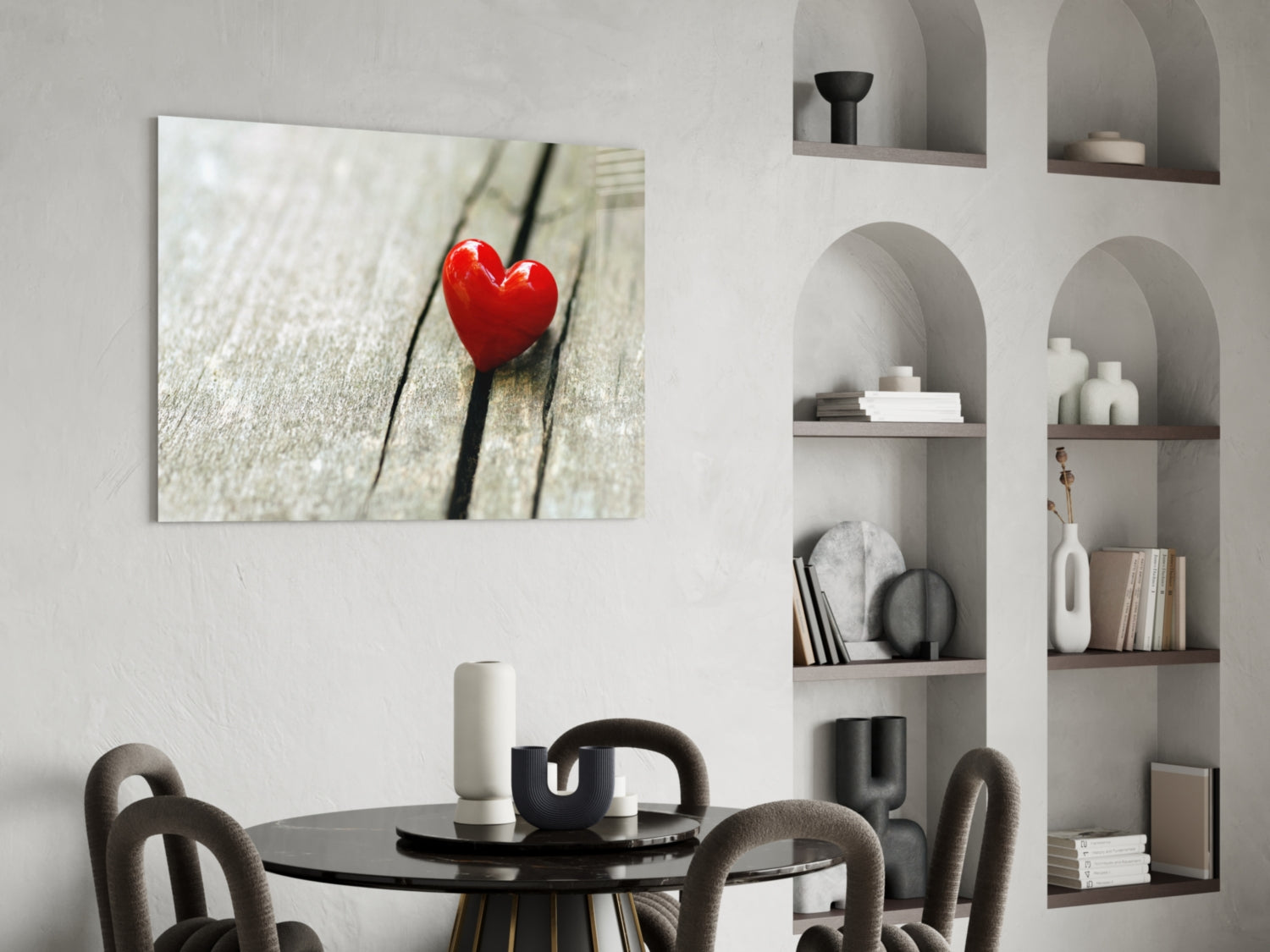 Glossy Red Heart On Wood Plank Glass Wall Art