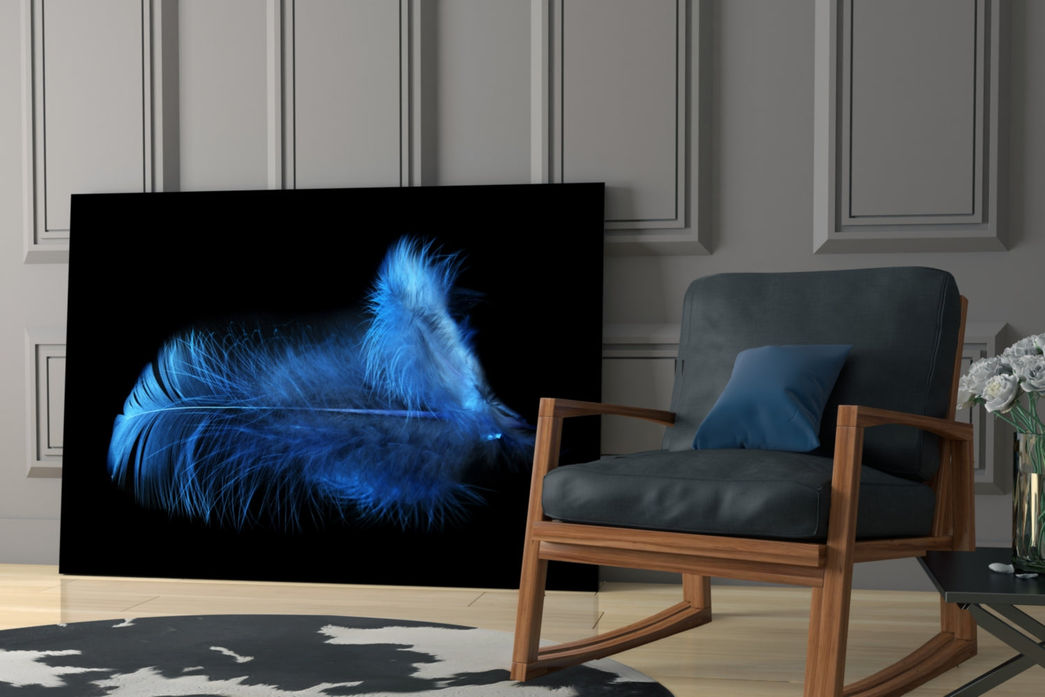 Fluffy Blue Feathers On Black Glass Wall Art
