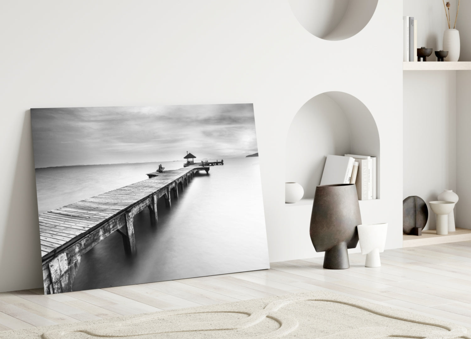 Black White Misty Pier Pavilion Glass Wall Art