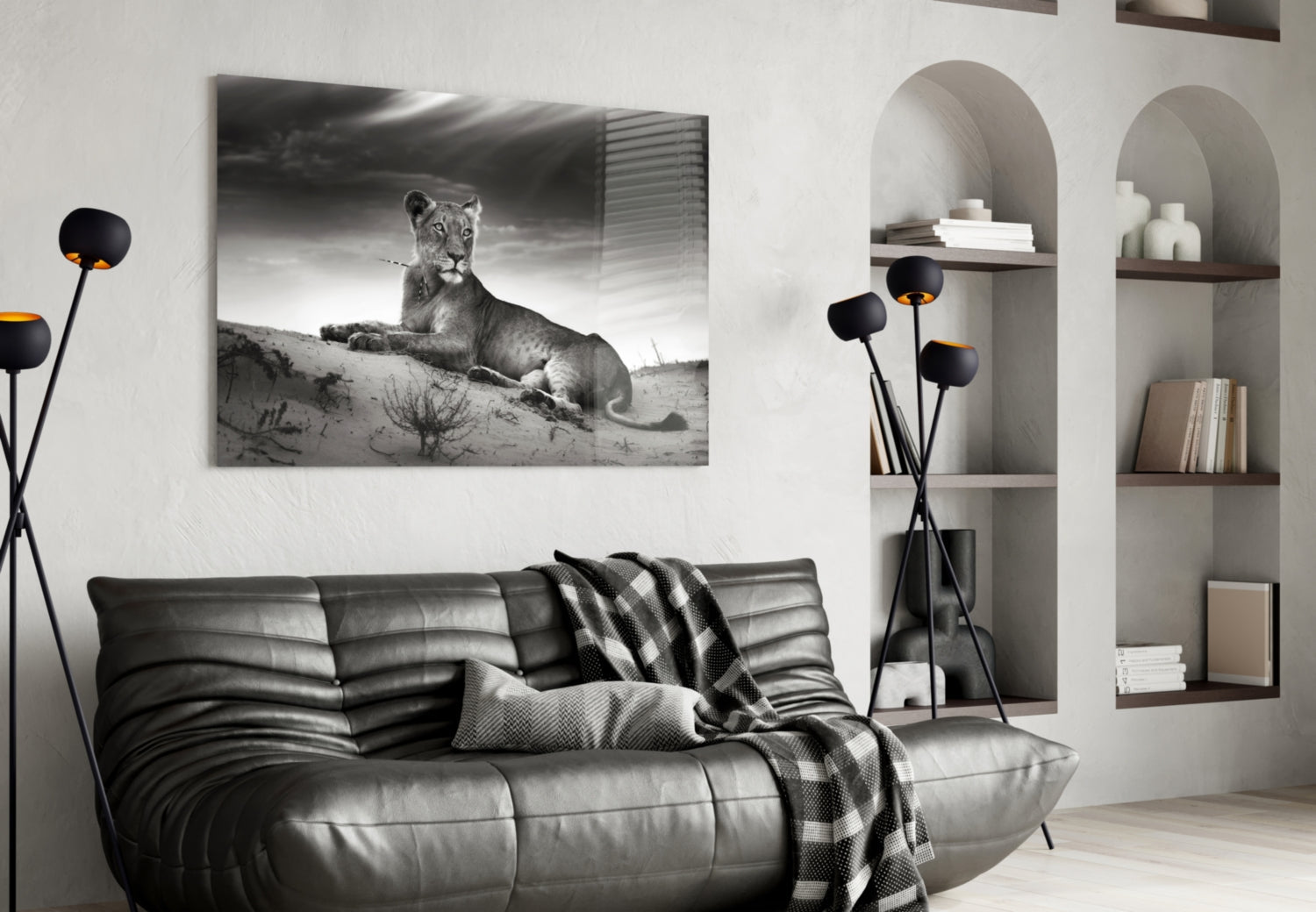 Black And White Lioness On Dune Glass Wall Art