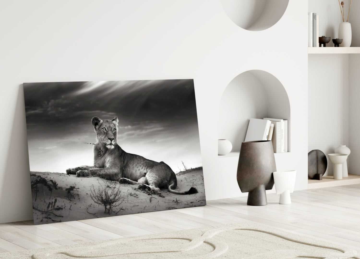 Black And White Lioness On Dune Glass Wall Art