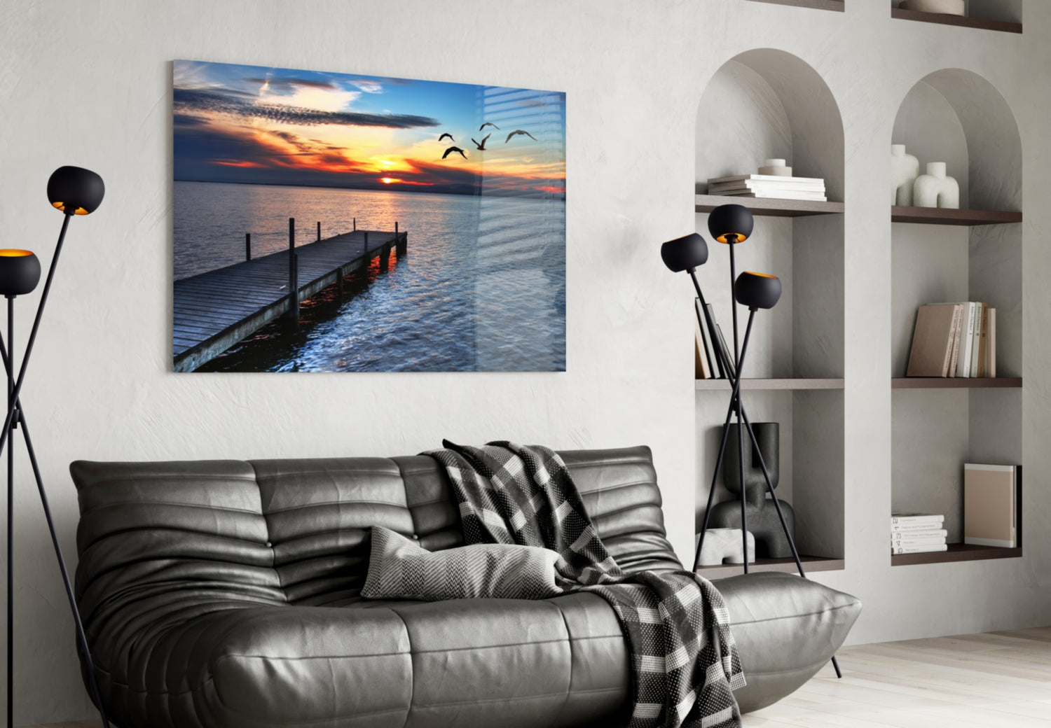 Sunset Silhouette Birds Lake Dock Glass Wall Art