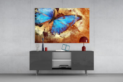 Blue Morpho on Rust Butterfly Glass Wall Art
