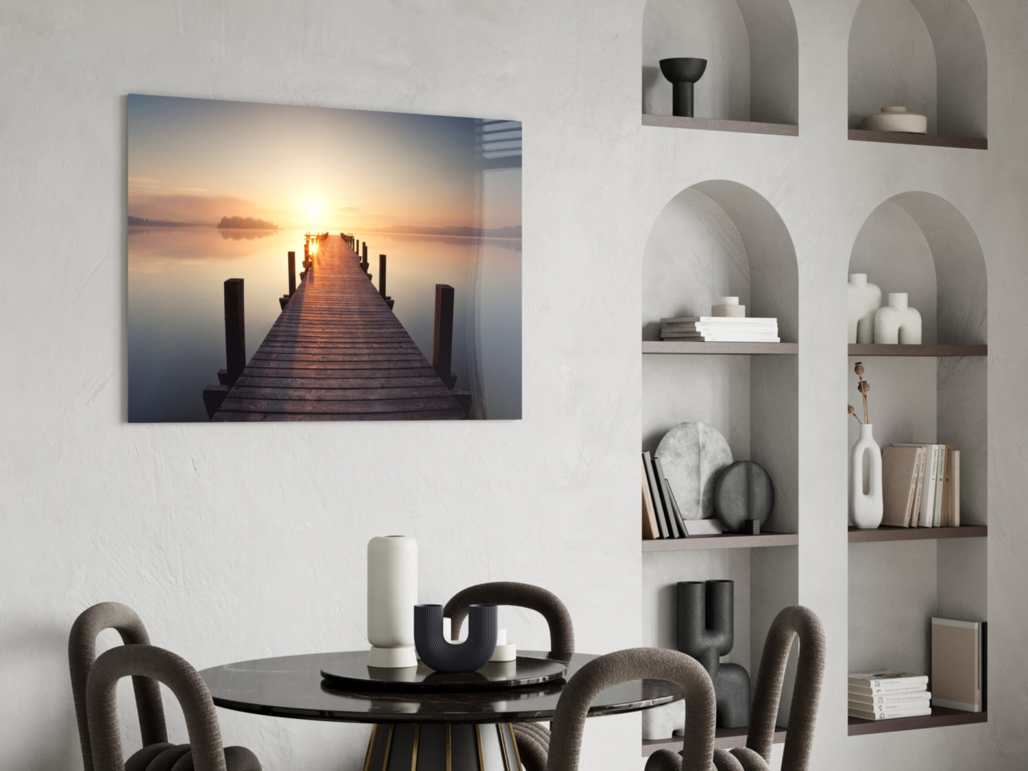 Foggy Sunrise Symmetrical Jetty Glass Wall Art