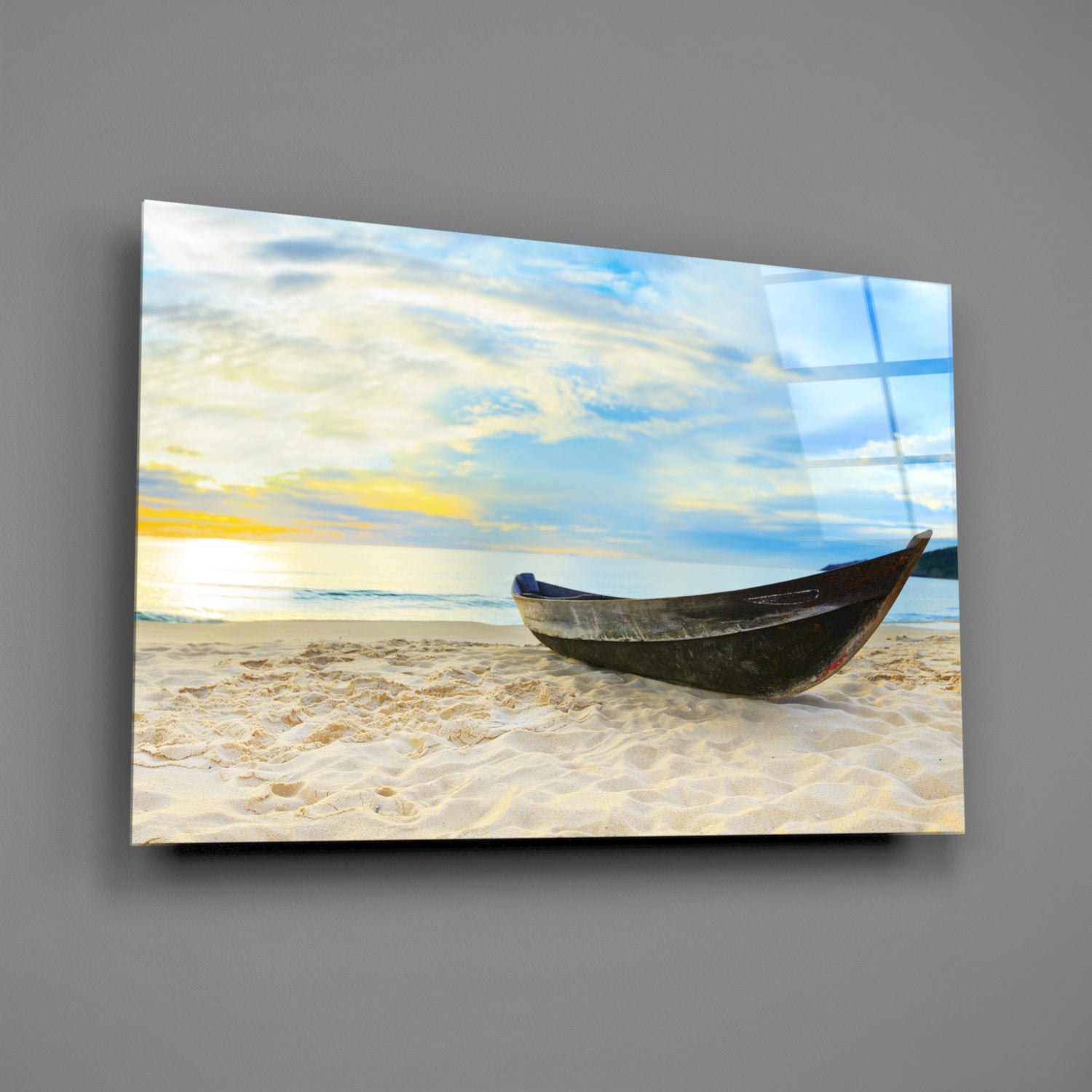 Dark Canoe On White Sand Beach Glass Wall Art