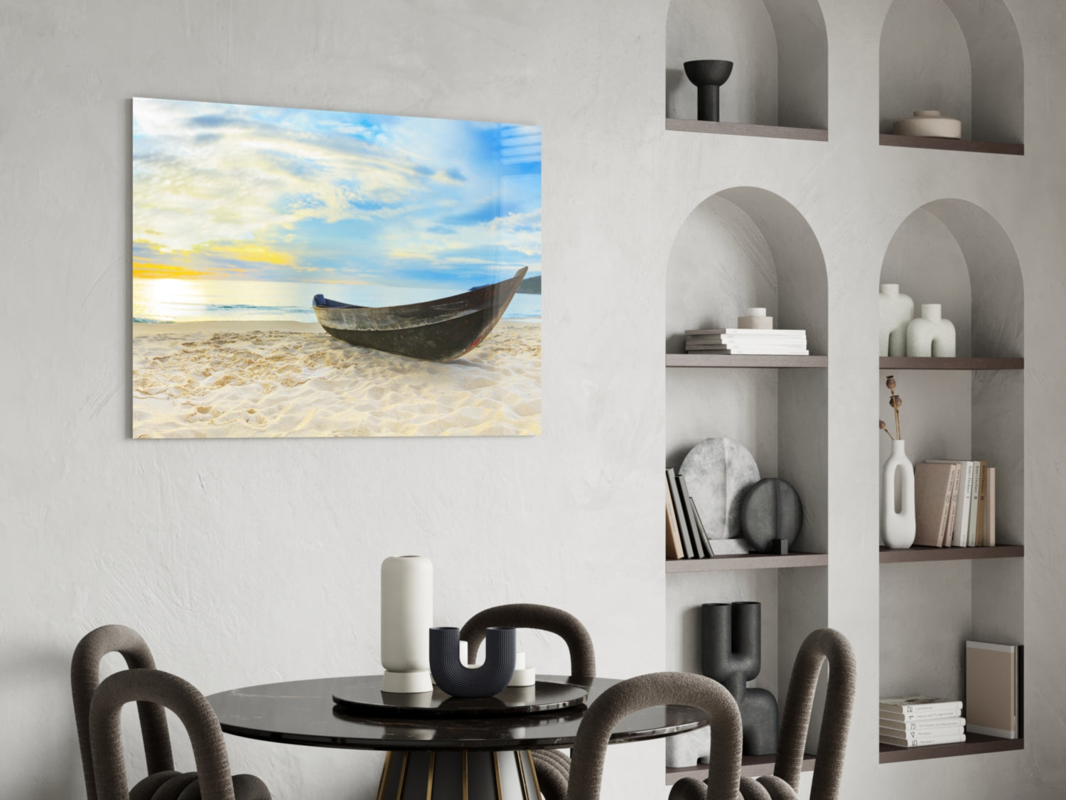 Dark Canoe On White Sand Beach Glass Wall Art