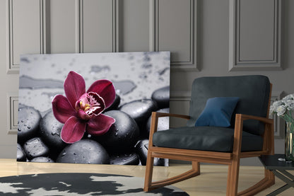 Burgundy Orchid Gray Pebbles Glass Wall Art