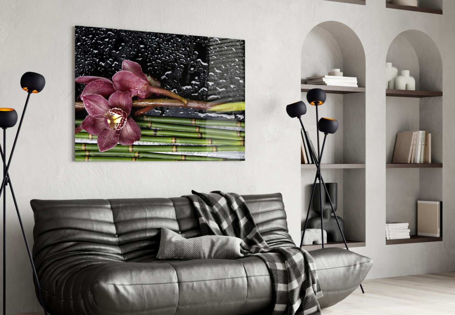 Burgundy Orchid Bamboo Stalks Glass Wall Art