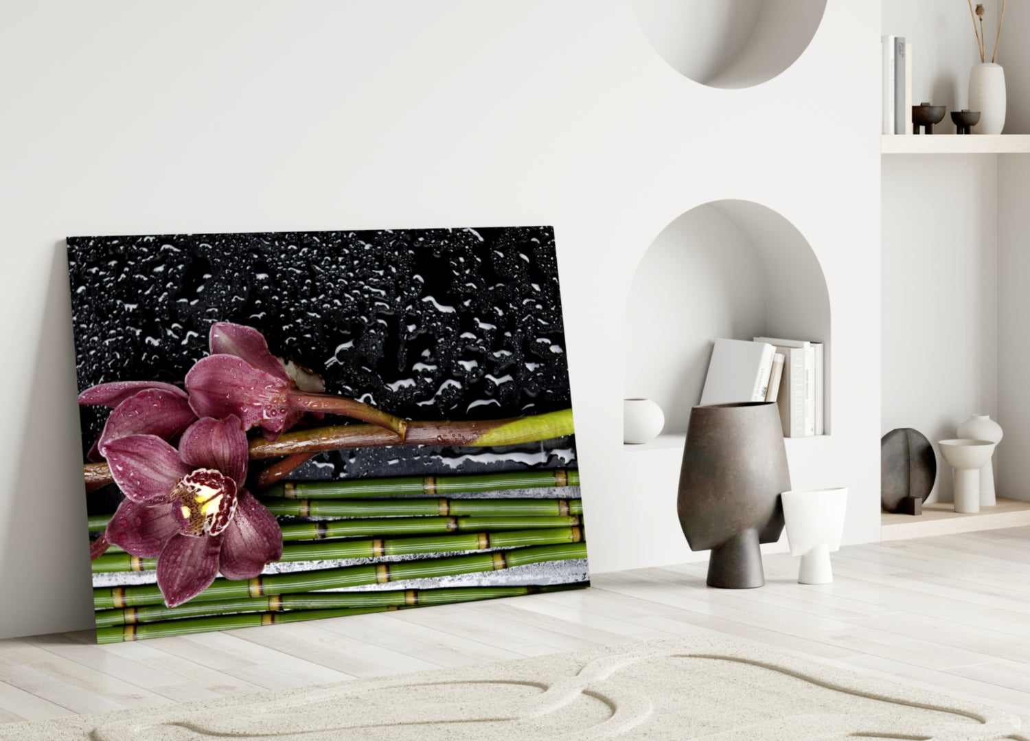 Burgundy Orchid Bamboo Stalks Glass Wall Art