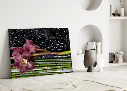Burgundy Orchid Bamboo Stalks Glass Wall Art