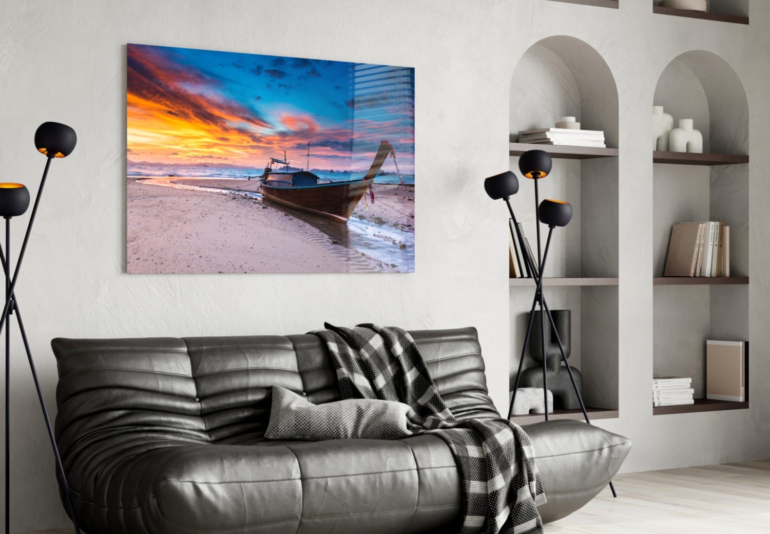 Longtail Boat Fiery Beach Sunset Glass Wall Art
