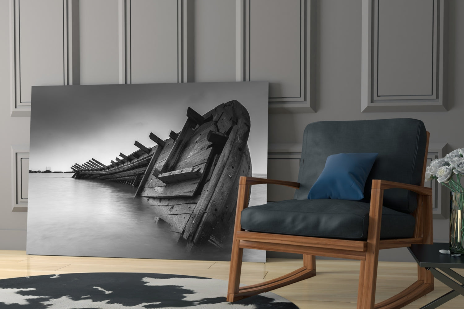 Black And White Shipwreck Ribs Glass Wall Art