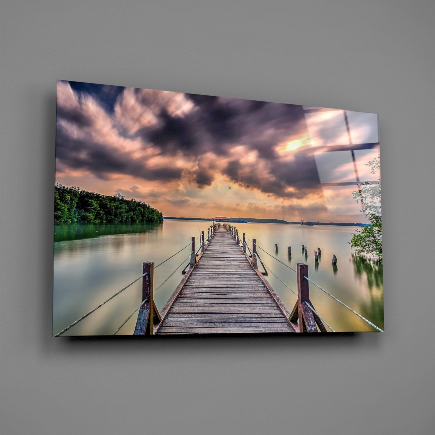 Dramatic Clouds Forest Lake Pier Glass Wall Art