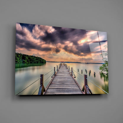 Dramatic Clouds Forest Lake Pier Glass Wall Art