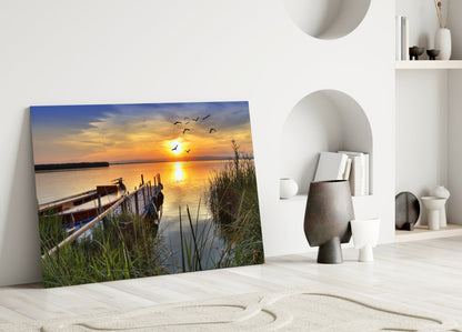 Lakeside Pier Boat Sunset Glass Wall Art