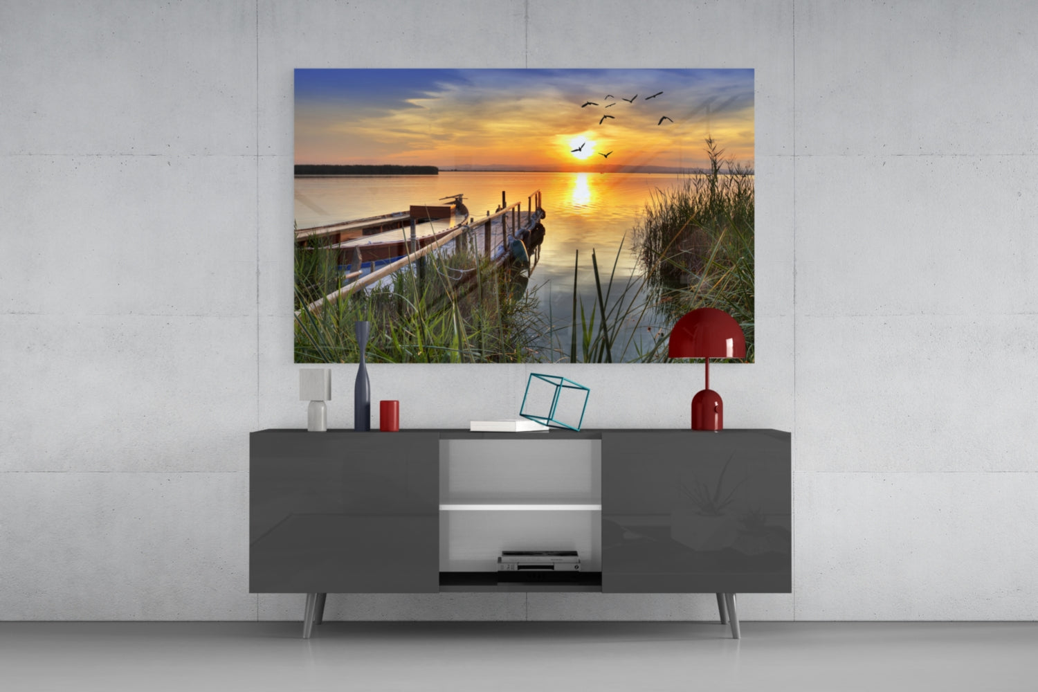 Lakeside Pier Boat Sunset Glass Wall Art