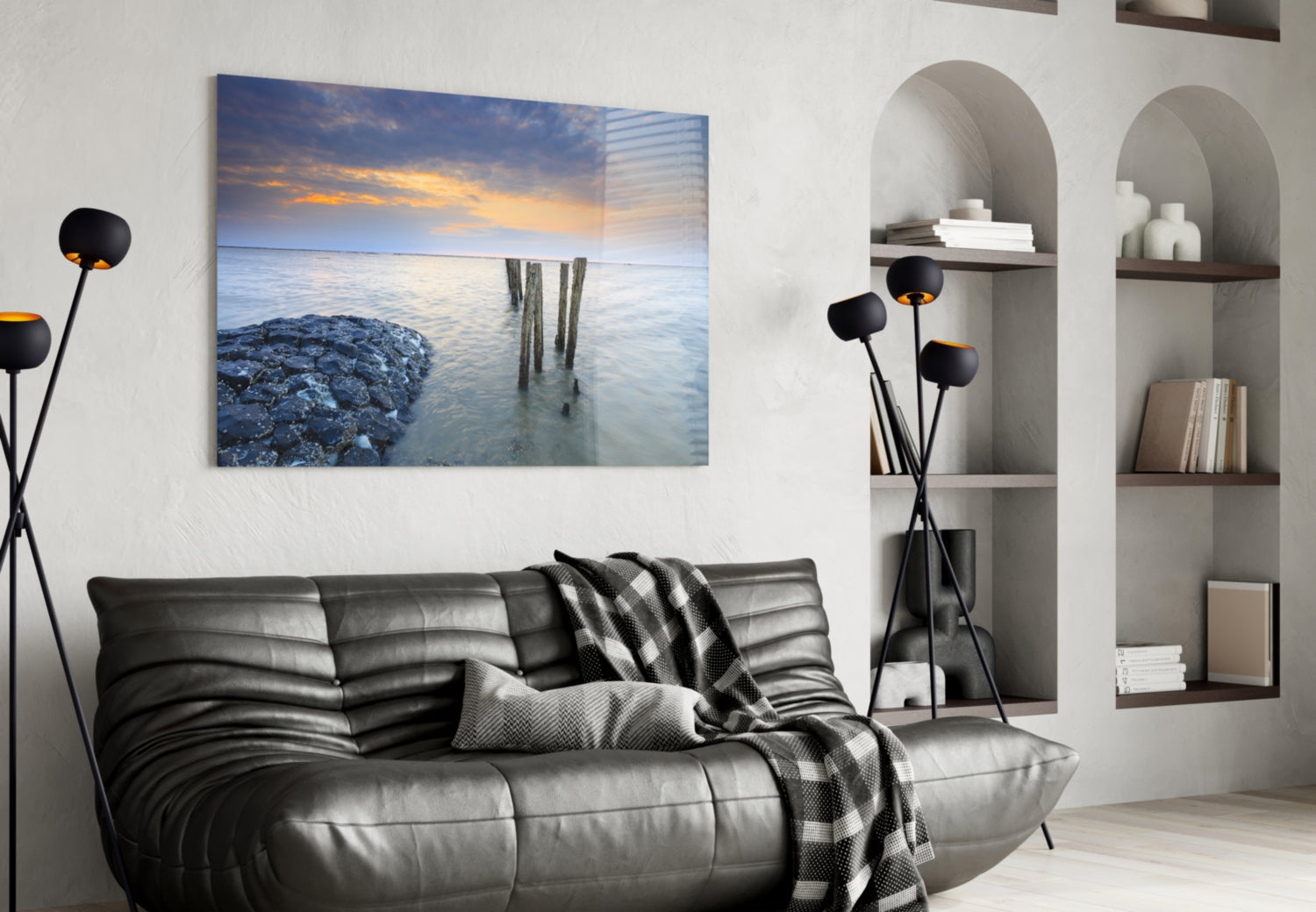 Breakwater Rocks Posts Sunset Glass Wall Art