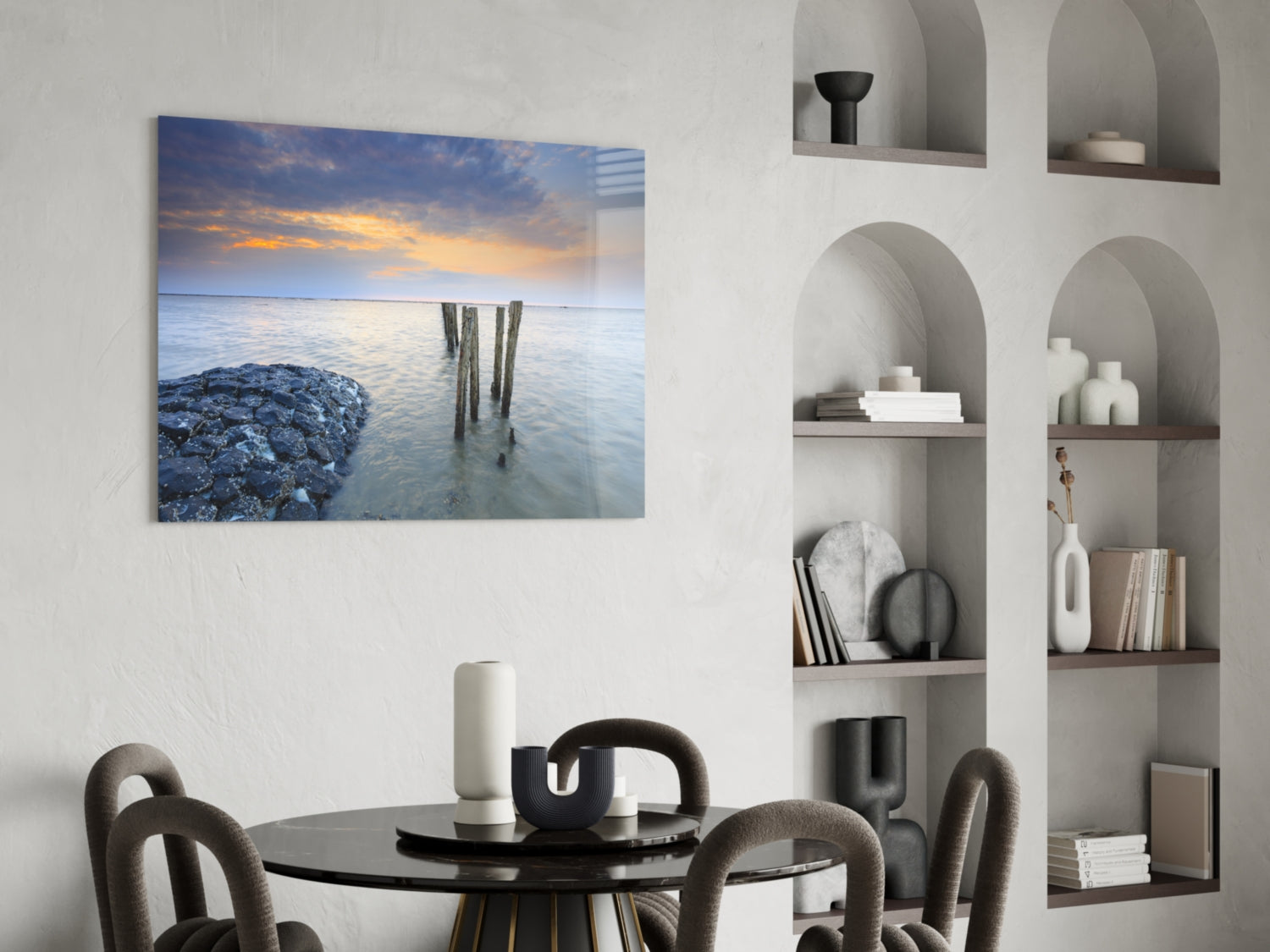 Breakwater Rocks Posts Sunset Glass Wall Art