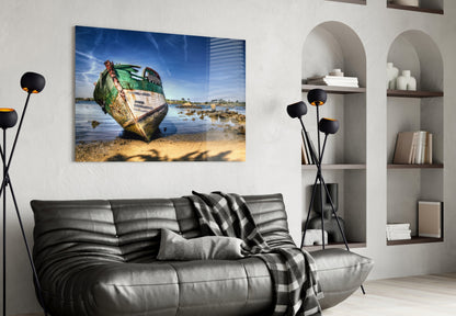 Abandoned Green Boat Blue Sky Glass Wall Art