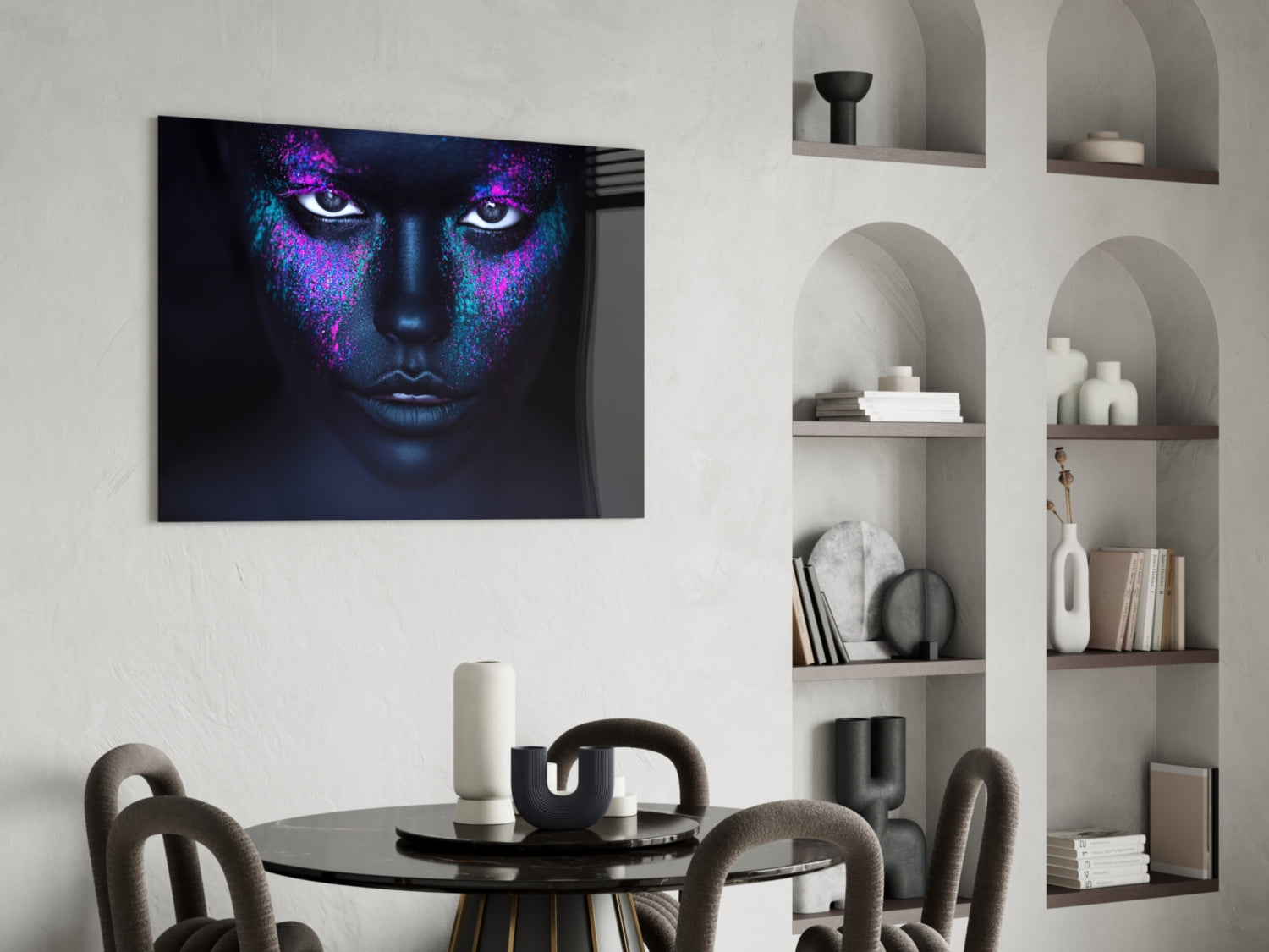 Pink Teal Powder Dark Woman Glass Wall Art