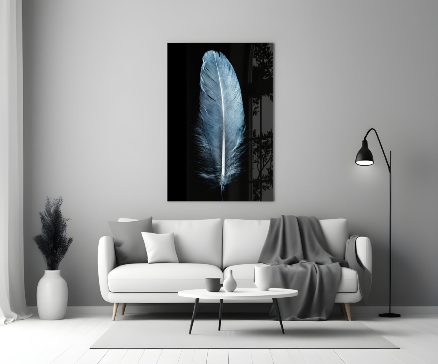 Single Blue Gray Quill Feather Glass Wall Art