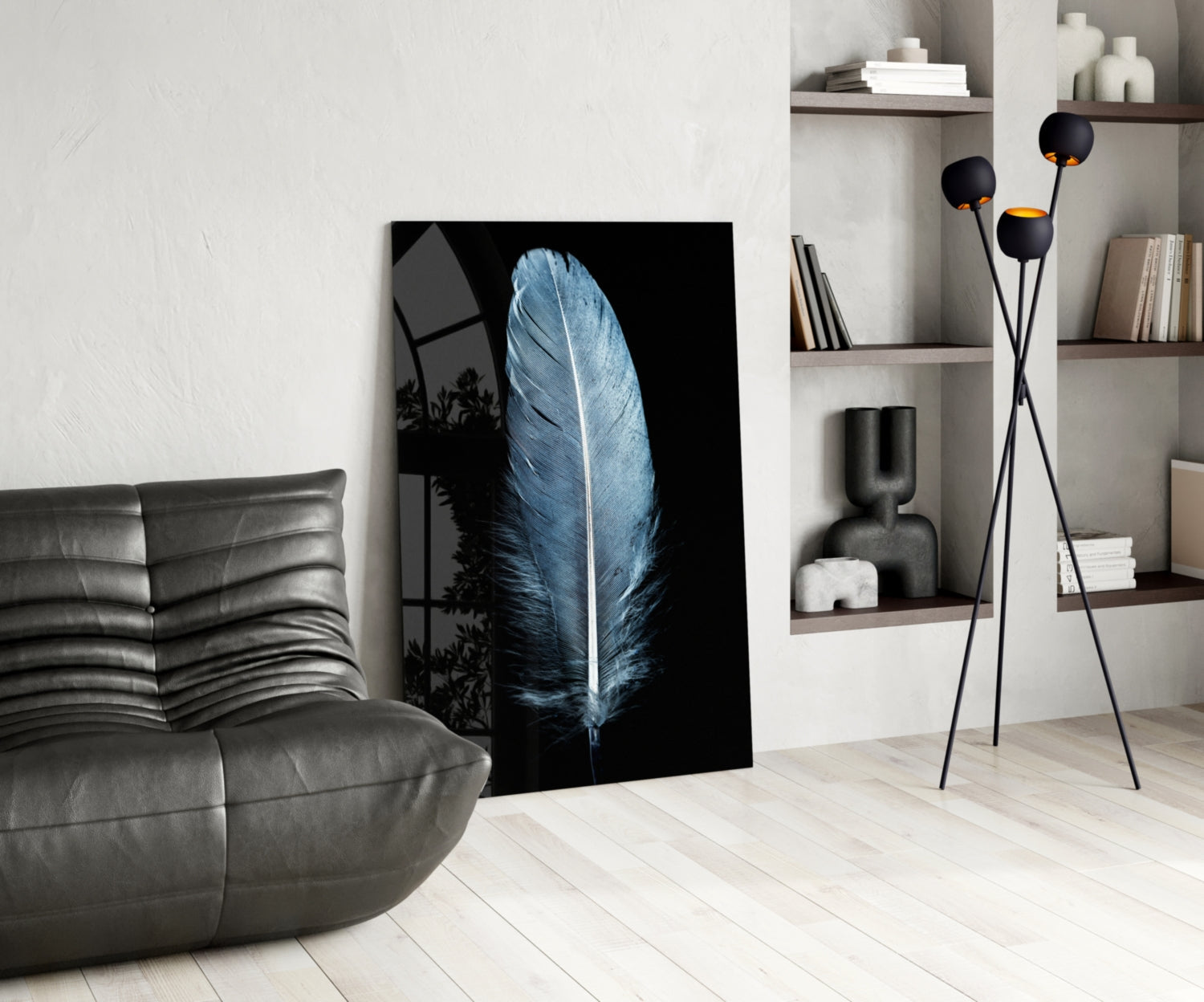 Single Blue Gray Quill Feather Glass Wall Art