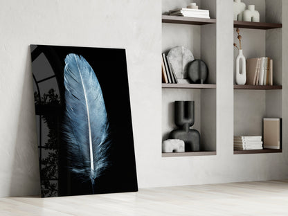 Single Blue Gray Quill Feather Glass Wall Art