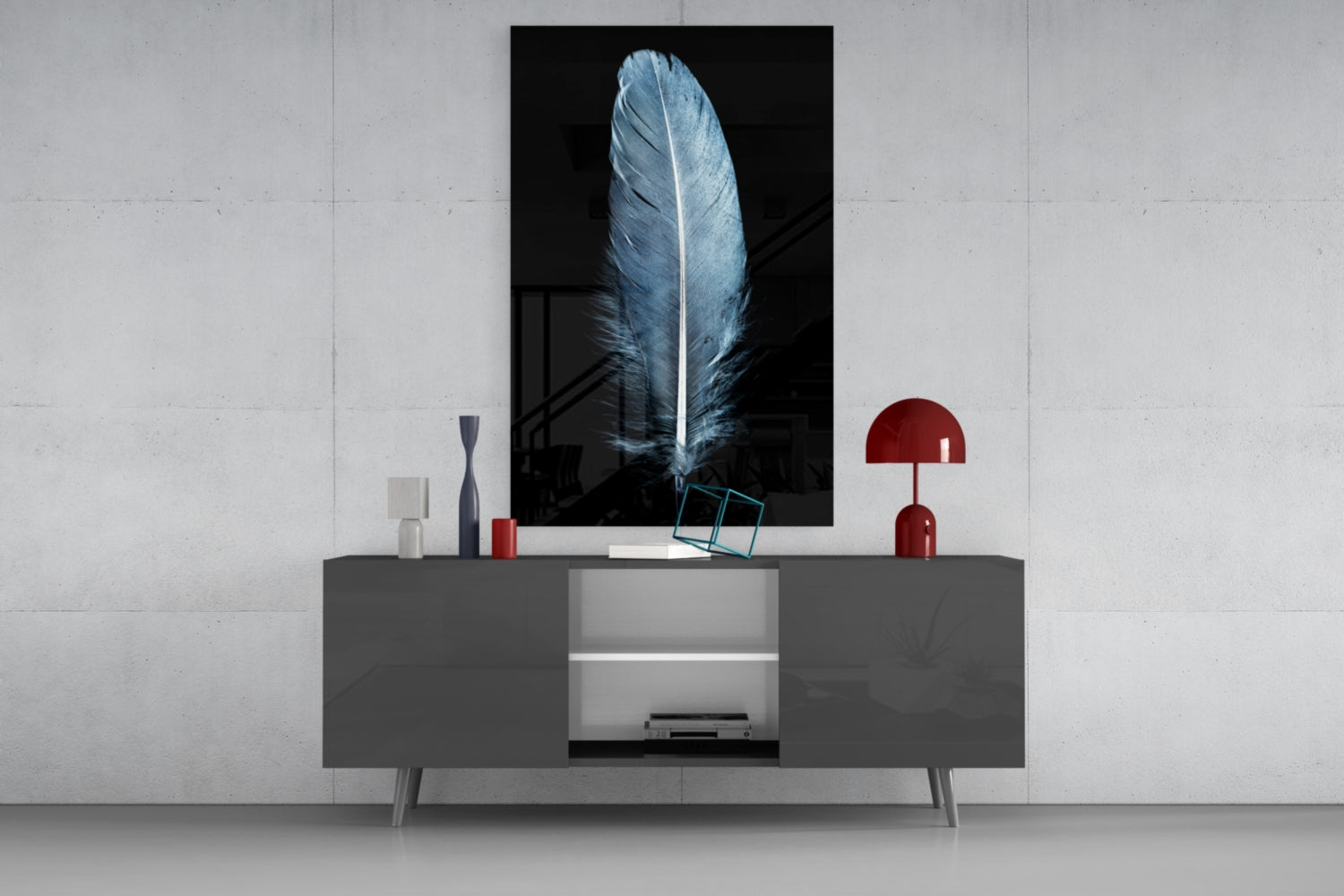 Single Blue Gray Quill Feather Glass Wall Art