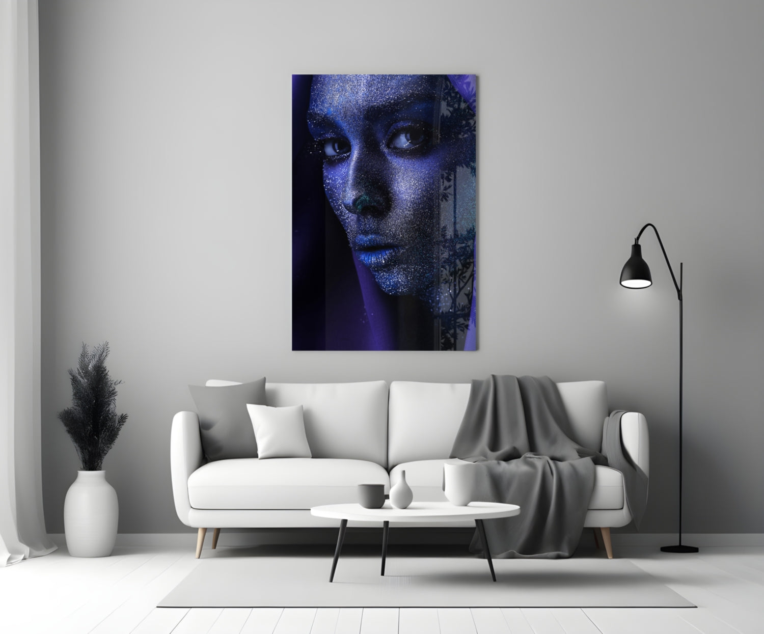 Silver Glitter Face Violet Veil Glass Wall Art