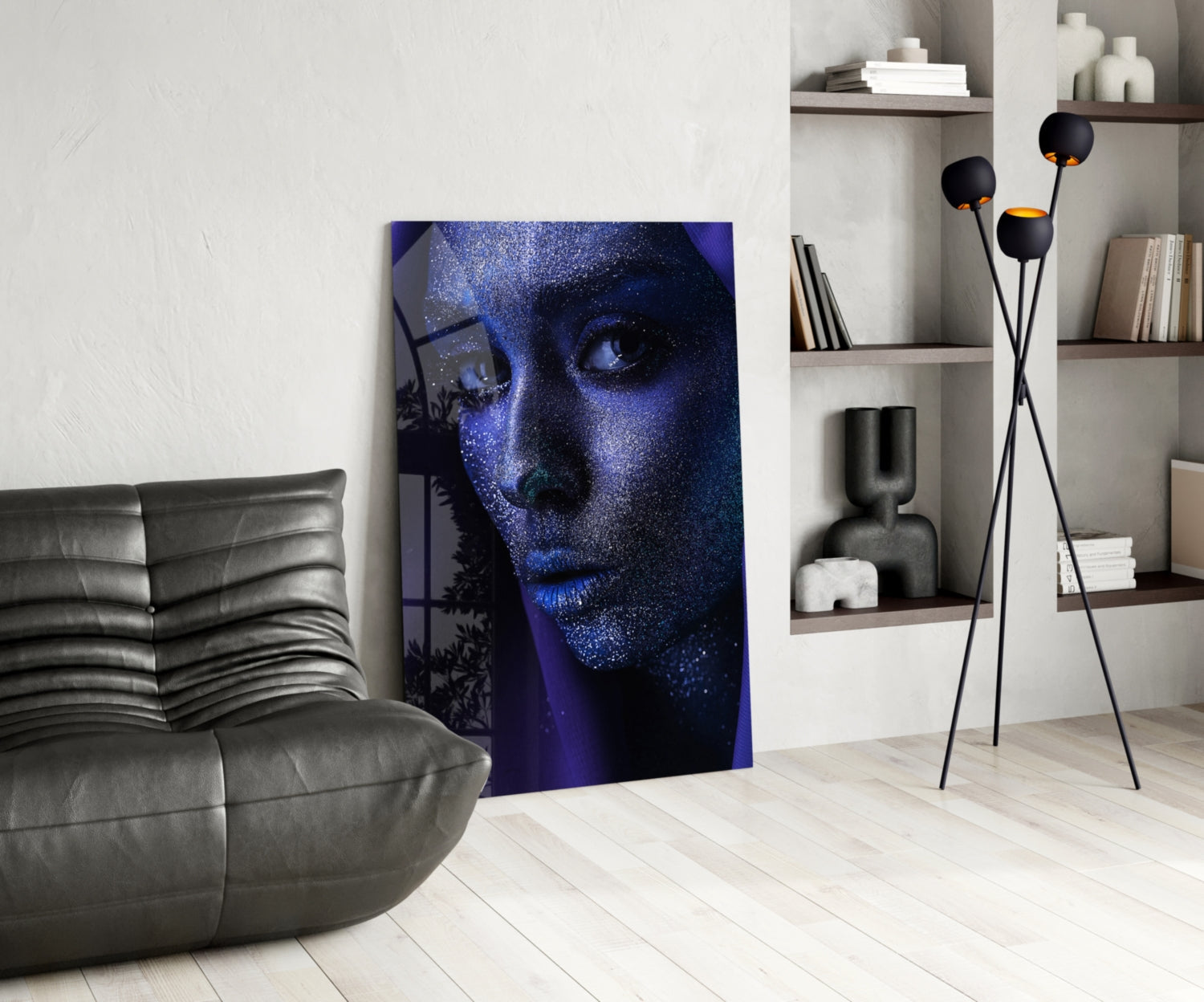 Silver Glitter Face Violet Veil Glass Wall Art