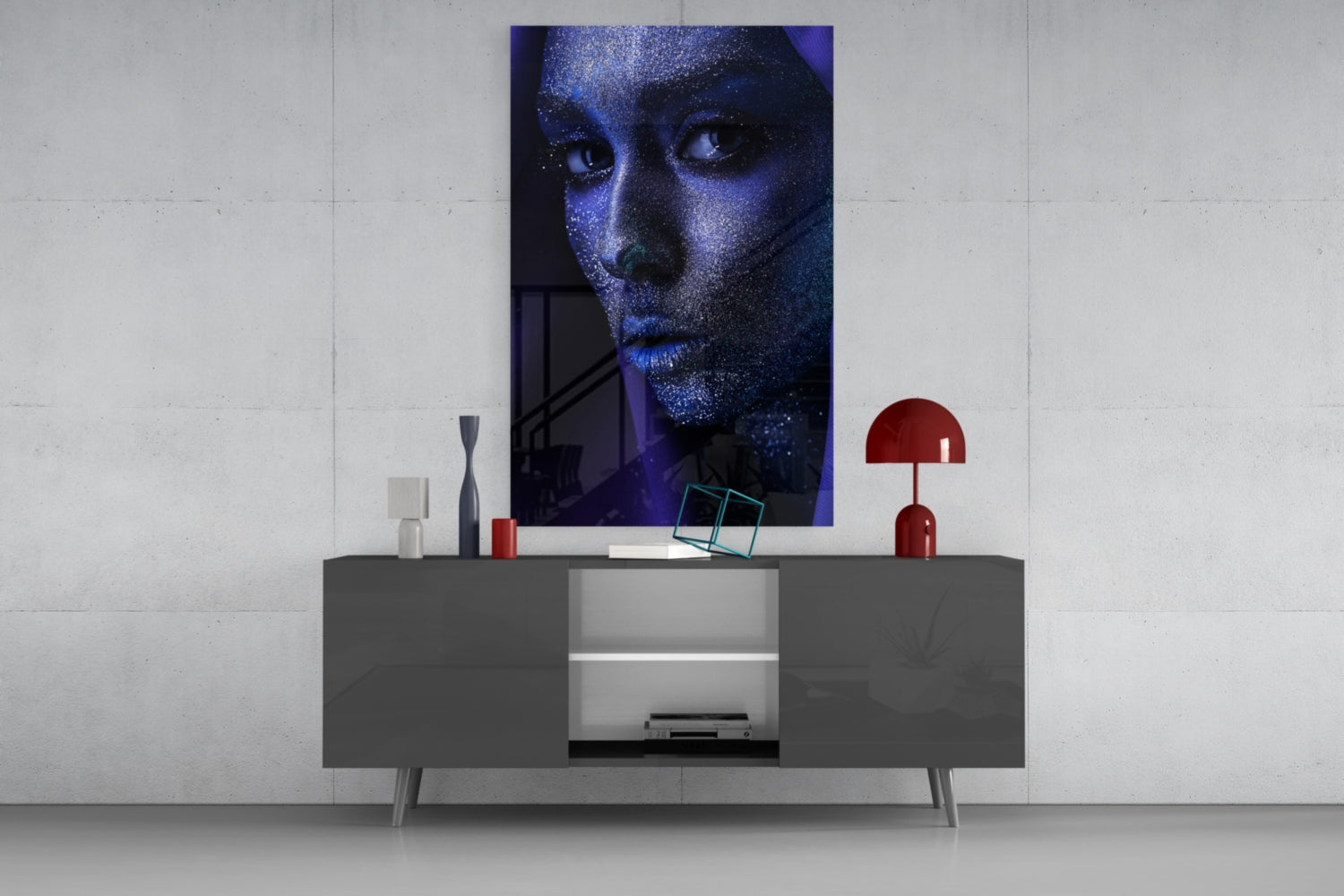 Silver Glitter Face Violet Veil Glass Wall Art