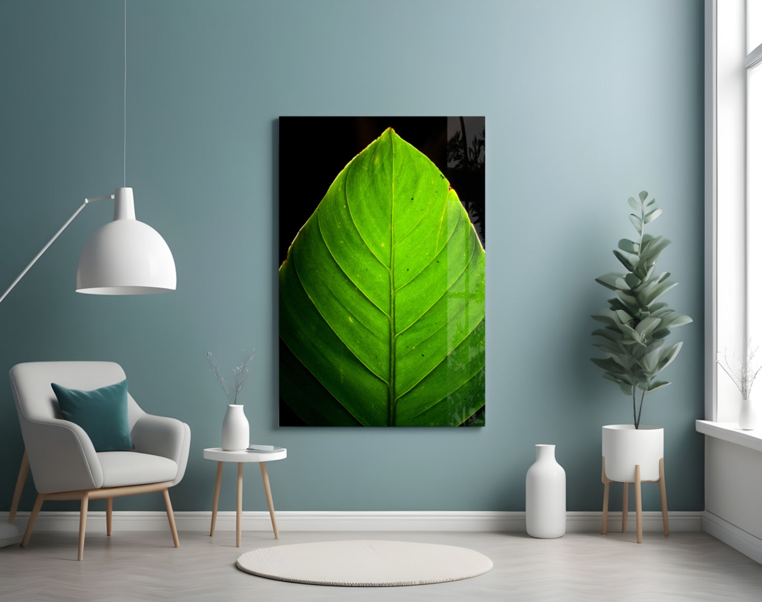 Sunlit Green Leaf Tip on Black Glass Wall Art