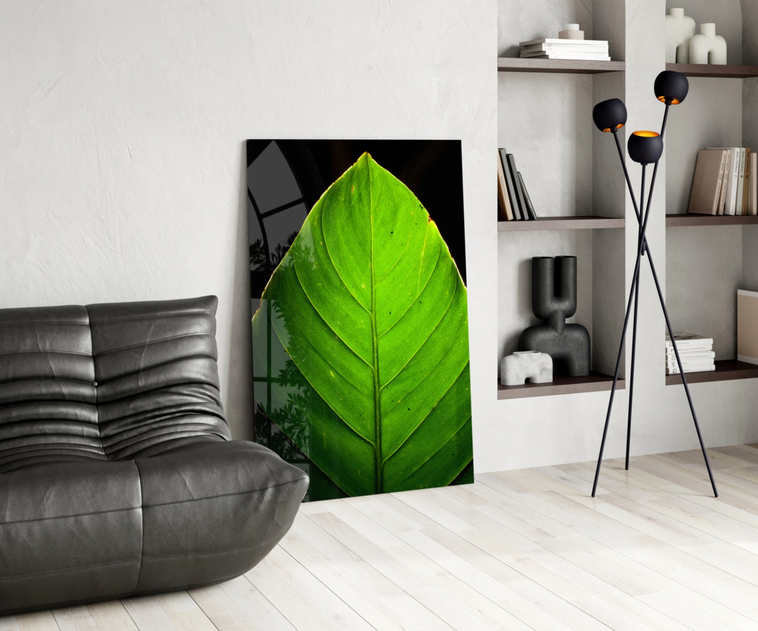 Sunlit Green Leaf Tip on Black Glass Wall Art