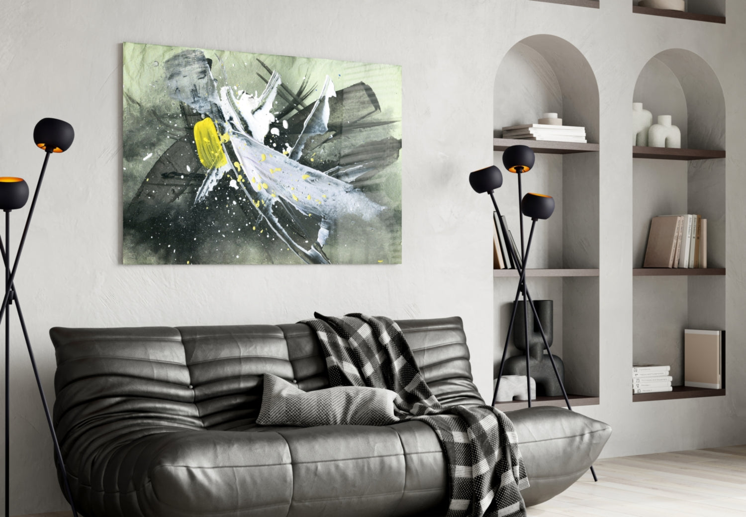 Yellow Accent Ink Splash Glass Wall Art