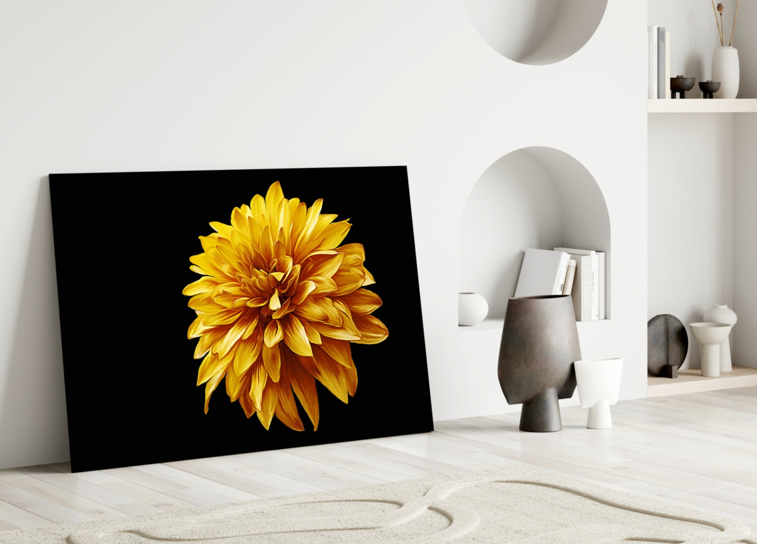 Golden Dahlia On Black Flower Glass Wall Art