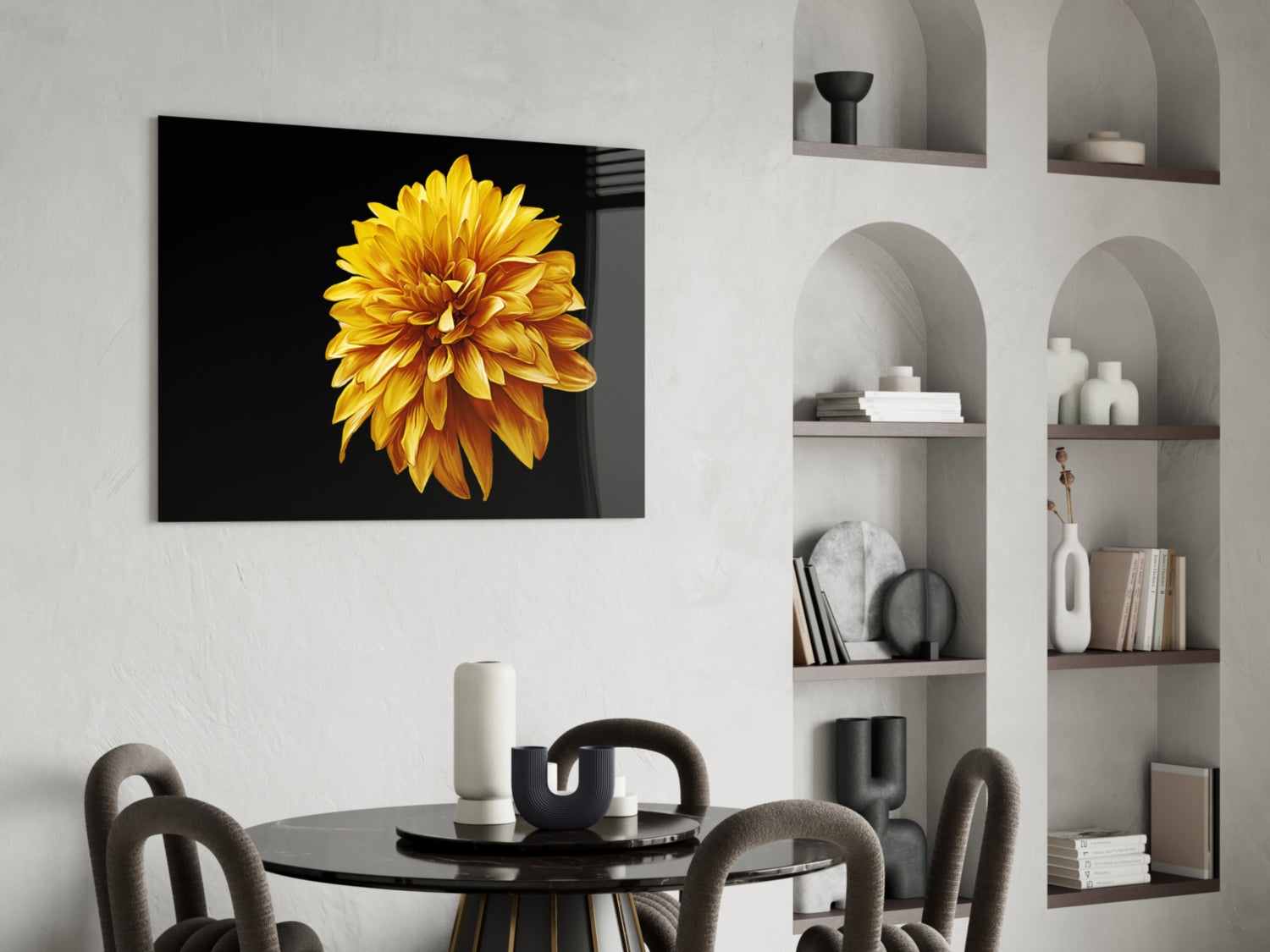 Golden Dahlia On Black Flower Glass Wall Art