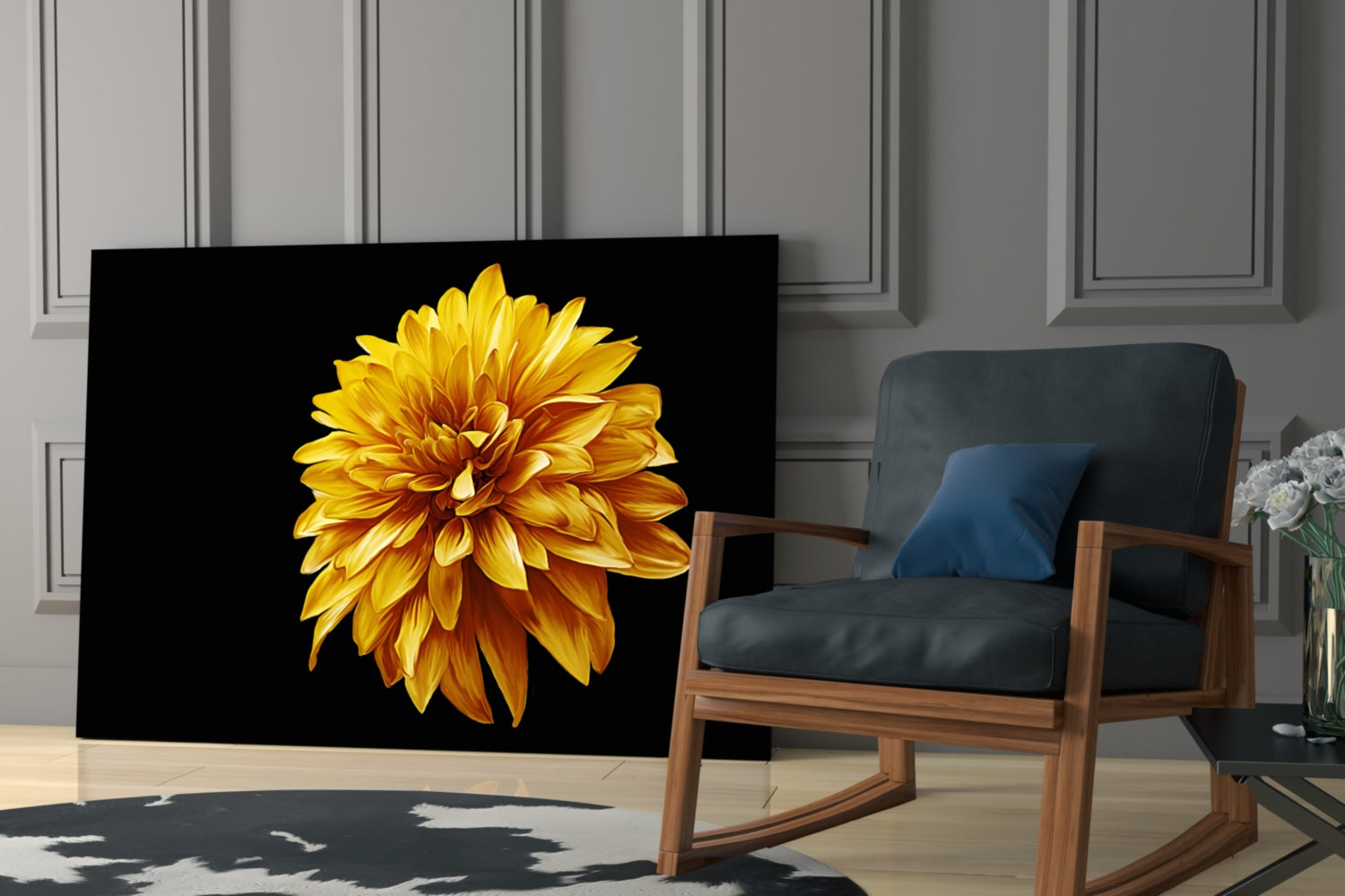 Golden Dahlia On Black Flower Glass Wall Art