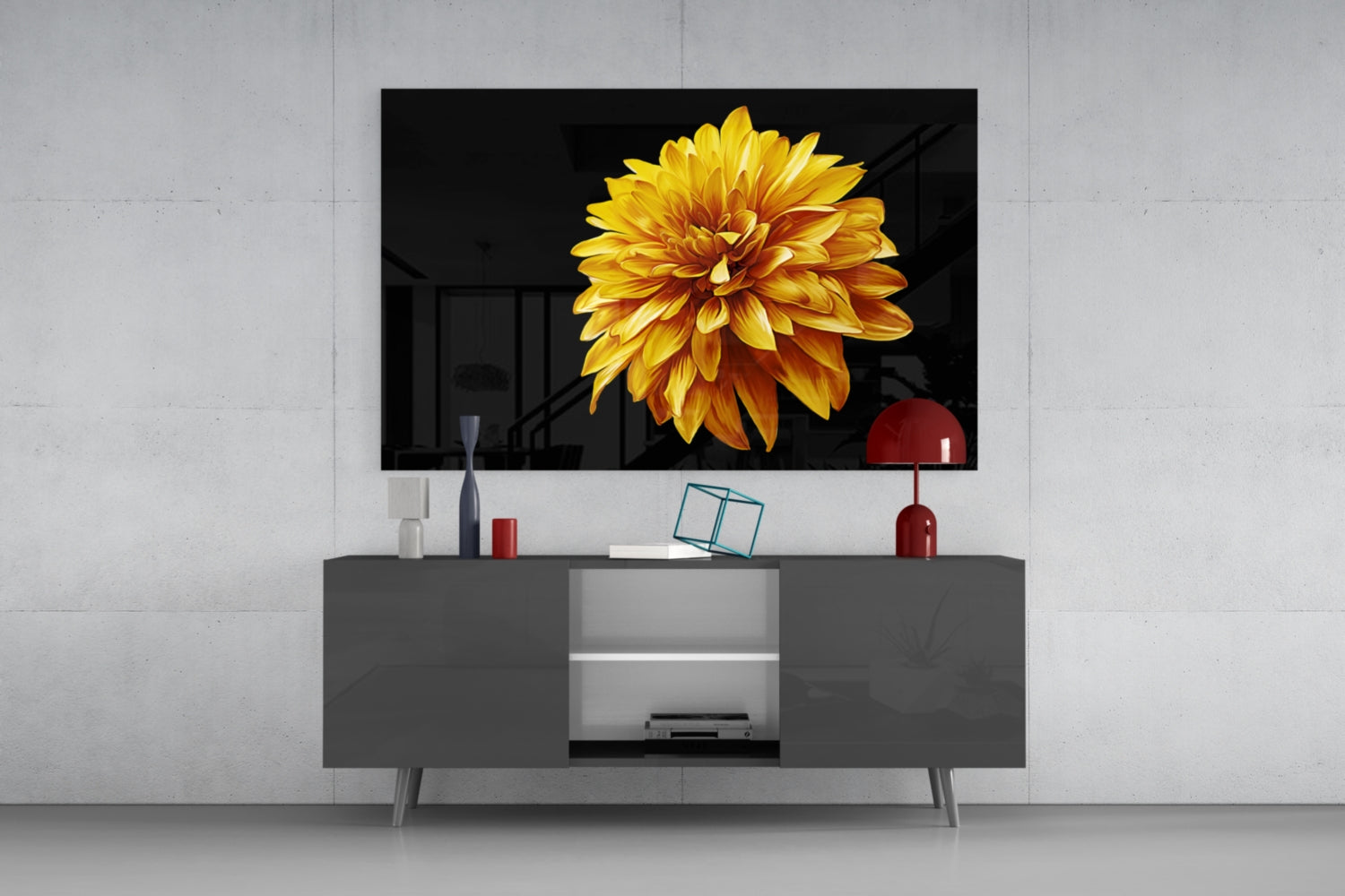 Golden Dahlia On Black Flower Glass Wall Art
