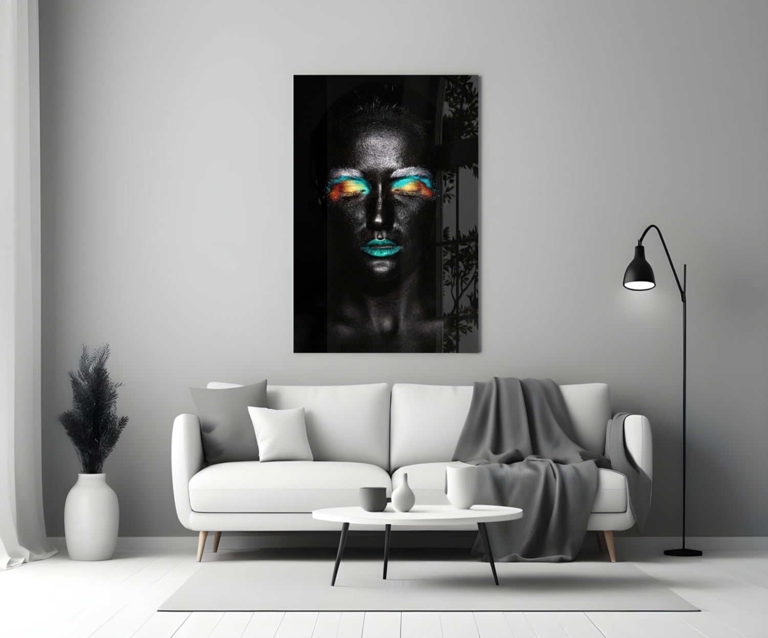 Teal Orange Eyeshadow Woman Glass Wall Art