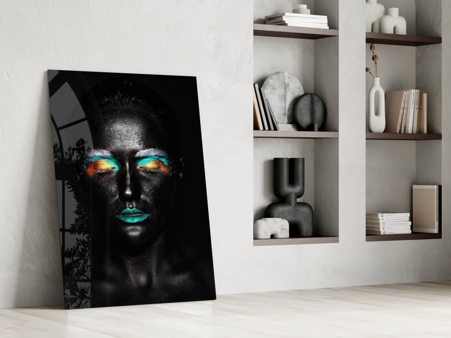 Teal Orange Eyeshadow Woman Glass Wall Art