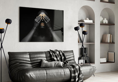 Gold Nails Covered Eyes Woman Glass Wall Art