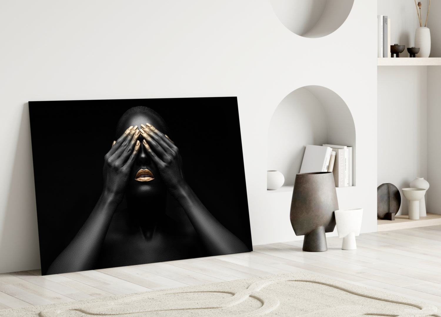 Gold Nails Covered Eyes Woman Glass Wall Art