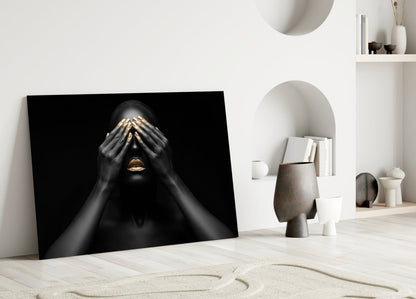 Gold Nails Covered Eyes Woman Glass Wall Art
