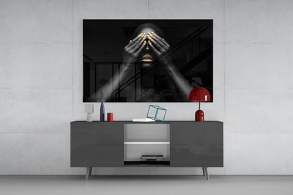 Gold Nails Covered Eyes Woman Glass Wall Art