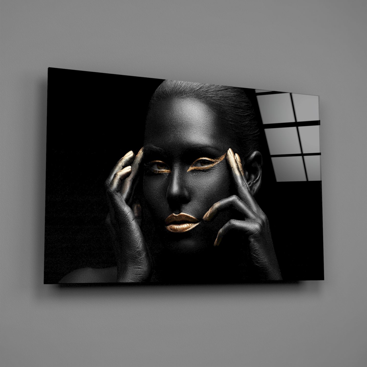 Gold Lips Framing Hands Woman Glass Wall Art