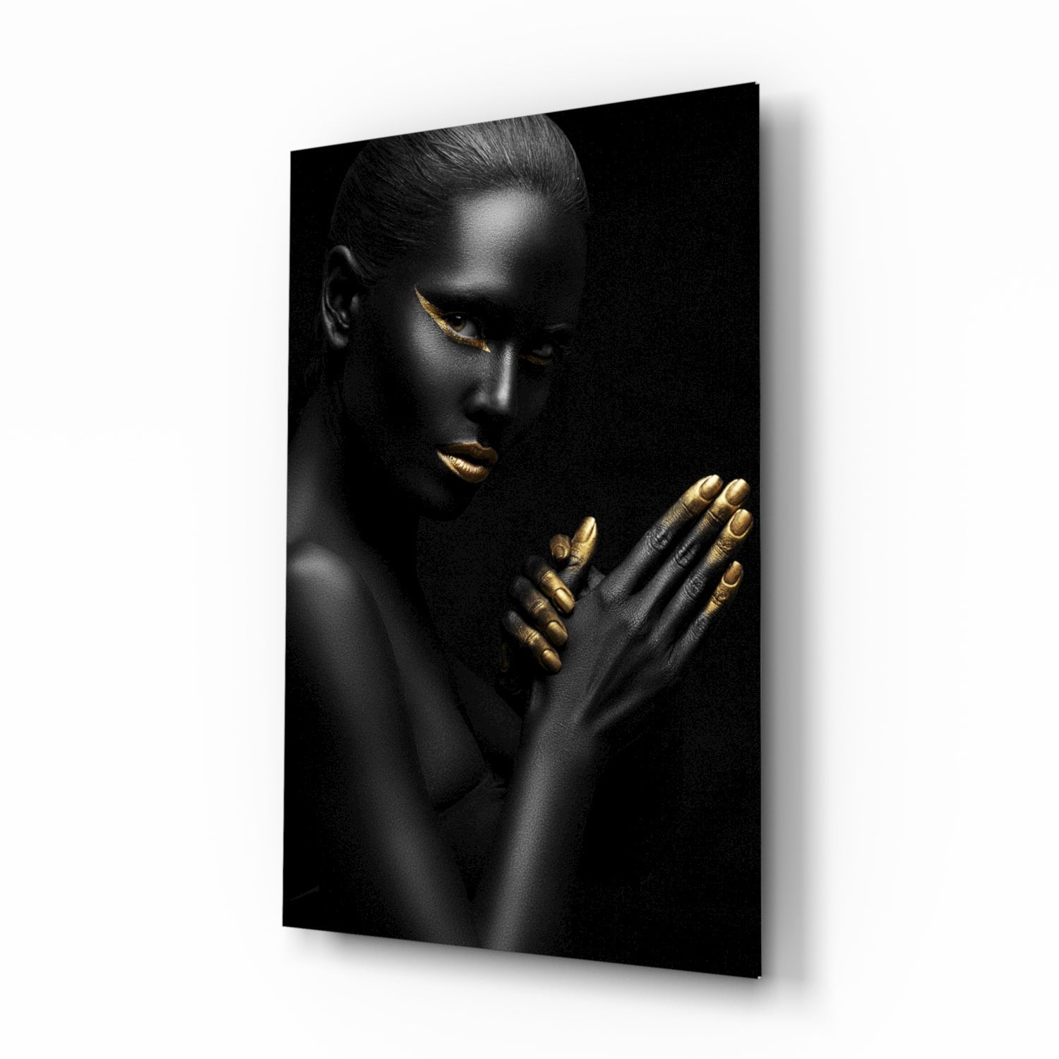 Gold Lips Praying Hands Woman Glass Wall Art
