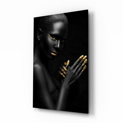 Gold Lips Praying Hands Woman Glass Wall Art
